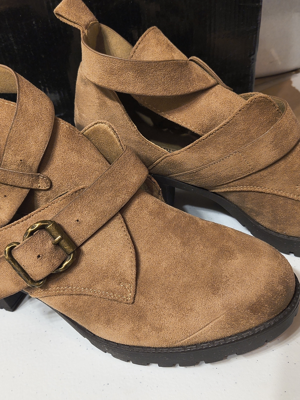 Women’s Tan Suede Ankle Boots with Buckle Strap